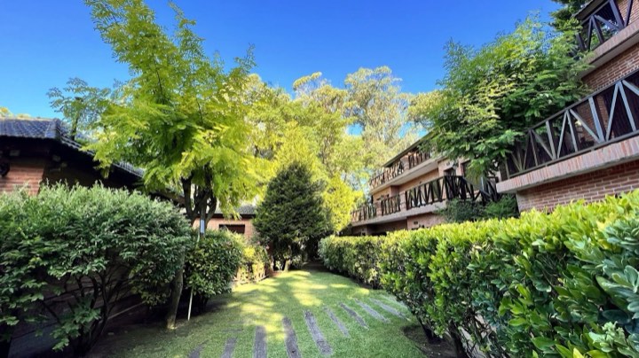 Jardín oeste del complejo entre pinos – La Cascada, Valeria del Mar